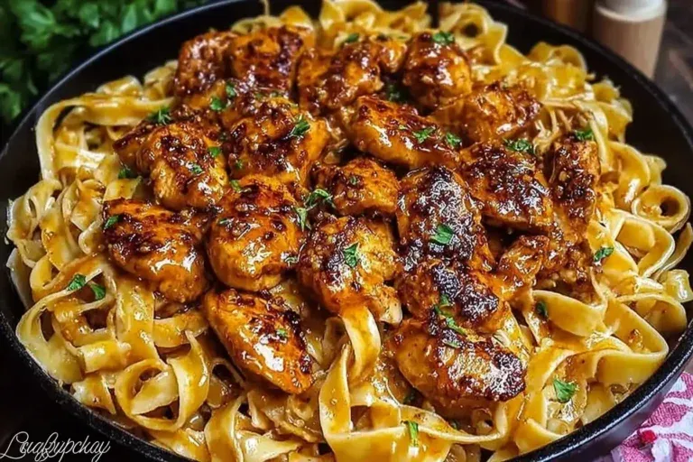 Sizzling chicken pieces browning in a pan with Cajun spices for the honey butter pasta recipe.