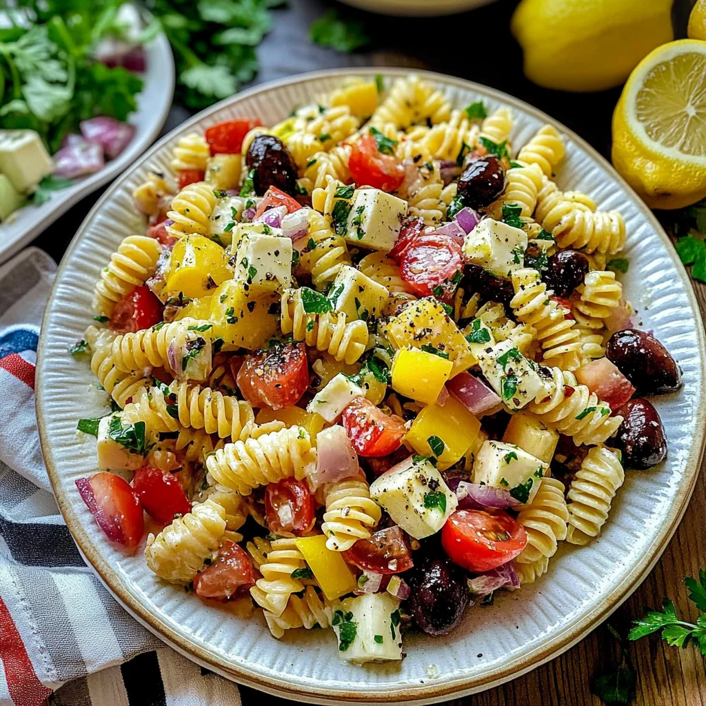 Vibrant Greek Pasta Salad Lemon Dressing in a large bowl, ready for a zesty meal.