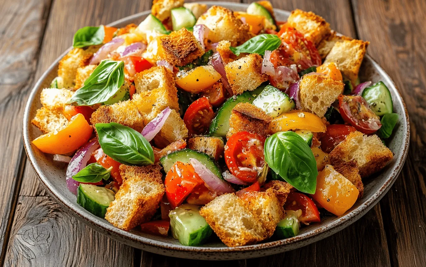 A vibrant, refreshing Summer Bread Salad, also known as Panzanella, perfectly prepped in 5 easy steps for the best summer side.