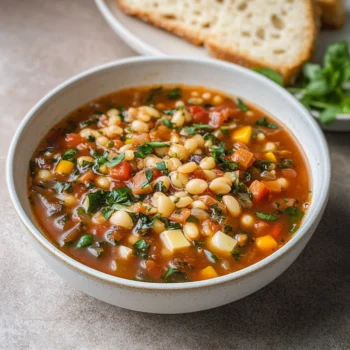 Easy Vegetable Minestrone: 50-Minute Hearty Soup Recipe, ready to serve in a rustic bowl